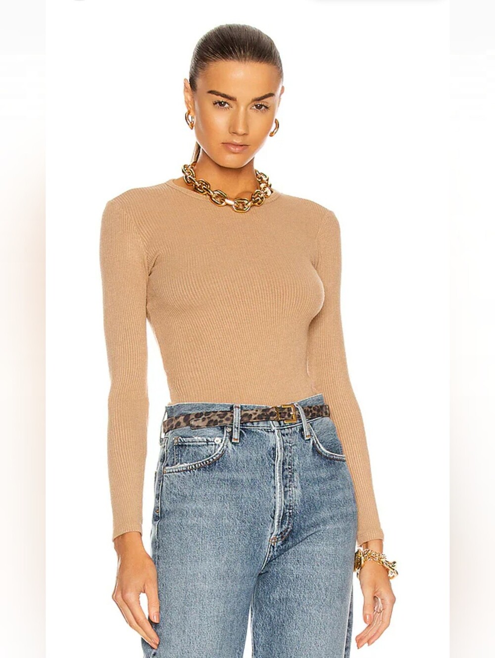 Agolde Alma Rib Shrunke Long Sleeve Crewneck Top in Tan Size S